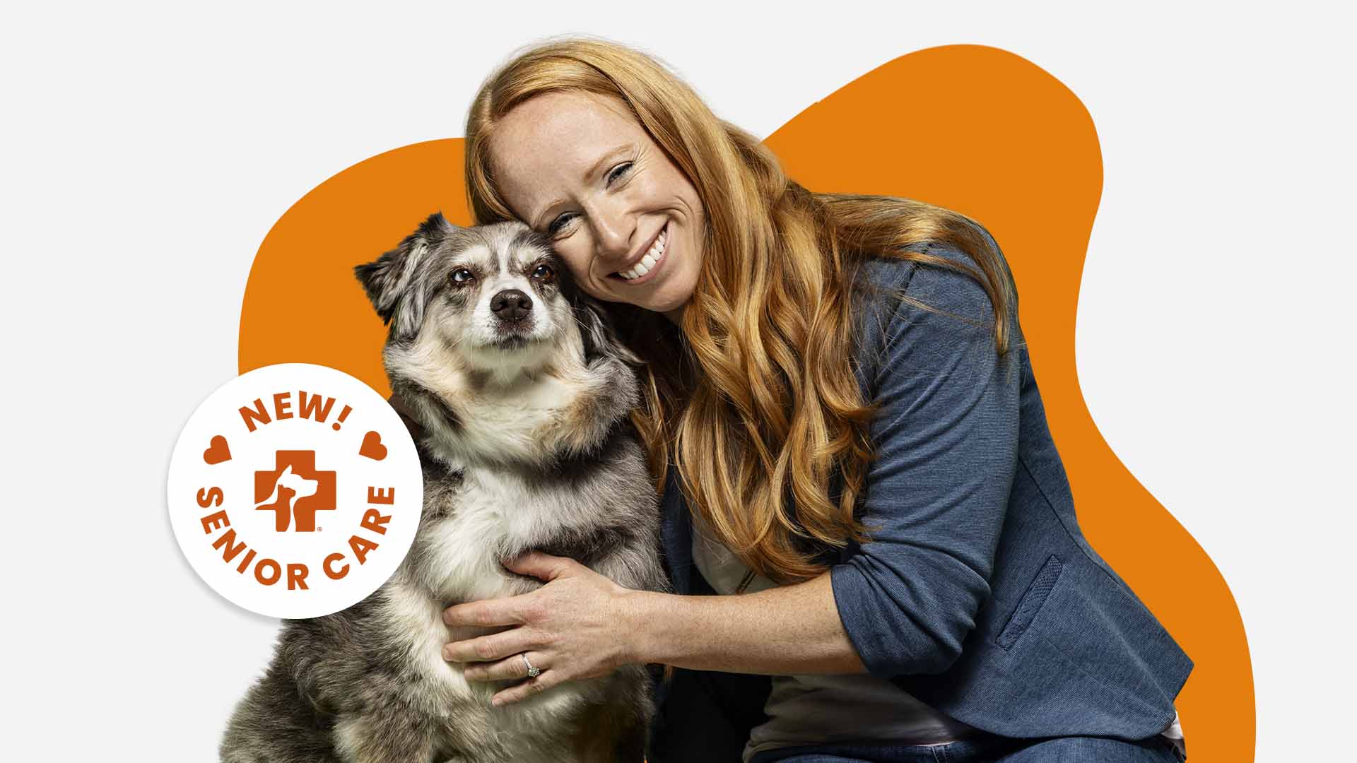 A woman hugging her dog promoting new Banfield Senior Care Optimum Wellness Plans